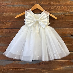 Flower Girl Ivory 3D Floral Pearl Tulle Elegant V-Back Knee Length Wedding Baptism Christening Church Summer Infant Toddler Junior Dress