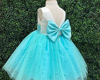 Aqua Elegant Pearl V-Back Ivory Bodice Flower Girl Summer Graduation Birthday Photoshoot Smash Cake Toddler Girl Junior Pageant Dress