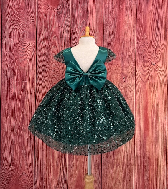 Hunter Green V-Back Pearl Sequin Knee Length Infant Toddler Junior Flower Girl Summer Fall Christmas Church Birthday Girl Photoshoot Dress