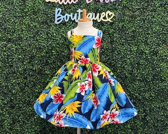 Türkis Sommer Tropische Insel Trendige Palme Blumenmädchen Hawaiianische Geburtstagsparty Kleinkind Junior Mädchen Knielange Spaghetti-Träger Kleid