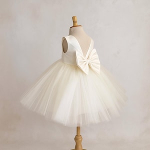 Ivory 4 Layer Tulle V-Back Classic Knee Length Elegant Wedding Flower Girl Summer Spring Birthday Girl Princess Trendy Chic Holiday Dress