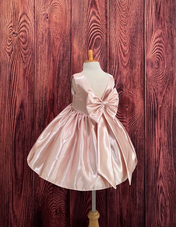 birthday princess dresses for toddlers Bow Infant Princess Dresses Blush Satin Knee Length V-Back Big Bow Elegant  Flower Girl Infant