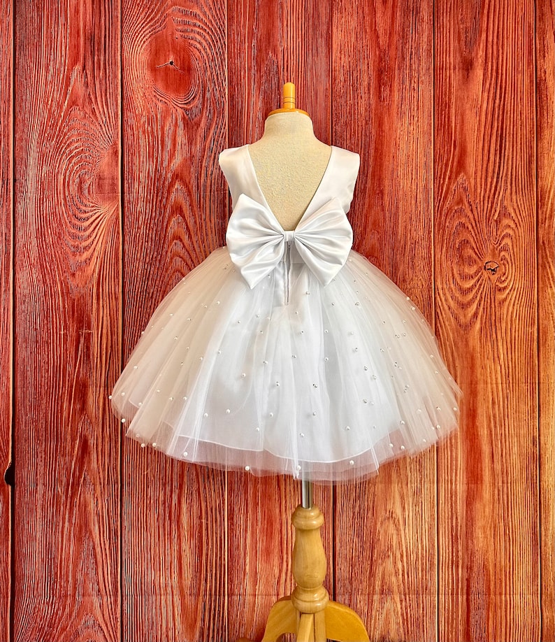 White 4 Layer Pearl Tulle Elegant Wedding Winter Communion Baptism Birthday Flower Girl V-Back Knee Length Pageant Infant Toddler Girl Dress image 3