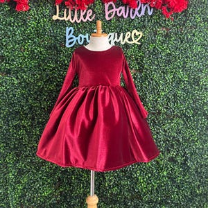 Christmas Holiday Wedding Flower Girl Church Burgundy Velvet Long Sleeve Elegant Infant Toddler Girl Photography Ballet Pageant Winter Dress