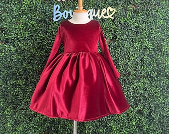 Christmas Holiday Wedding Flower Girl Church Burgundy Velvet Long Sleeve  Elegant Infant Toddler Girl Photography Ballet Pageant Winter Dress