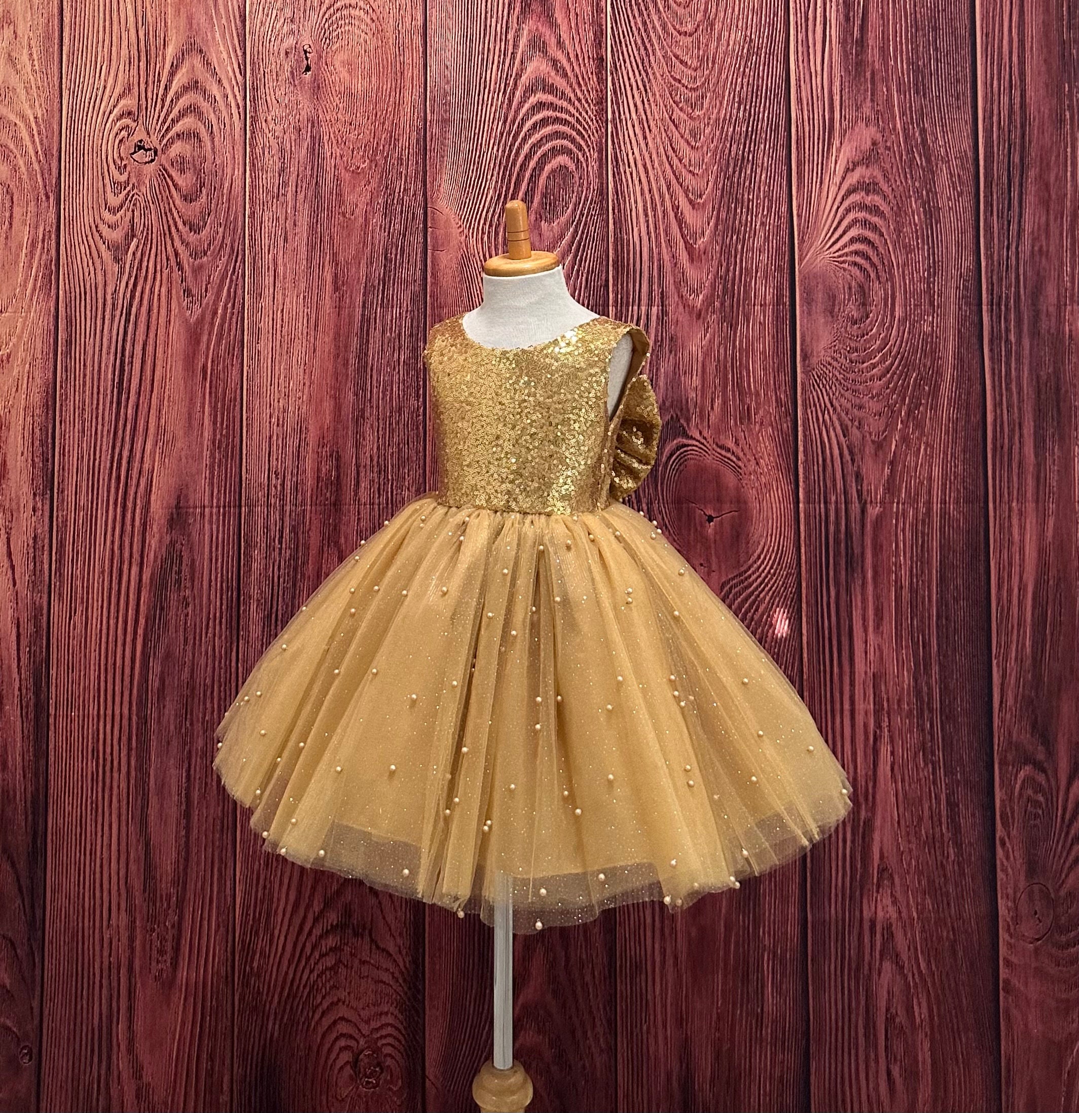 Gold Sequin Pearl Tulle Knee Length V-Back Wedding Flower Girl Summer Holiday Toddler Junior Dress Gold Sequin Pearl Tulle Knee Length V-Back Wedding Flower Girl Summer Holiday Toddler Junior Dress
