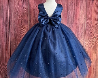 Navy Blue 4 Layer Pearl Tulle V-Back Ankle Length Wedding Flower Girl Summer Winter Fall Holiday Pageant Birthday Princess Ball Gown