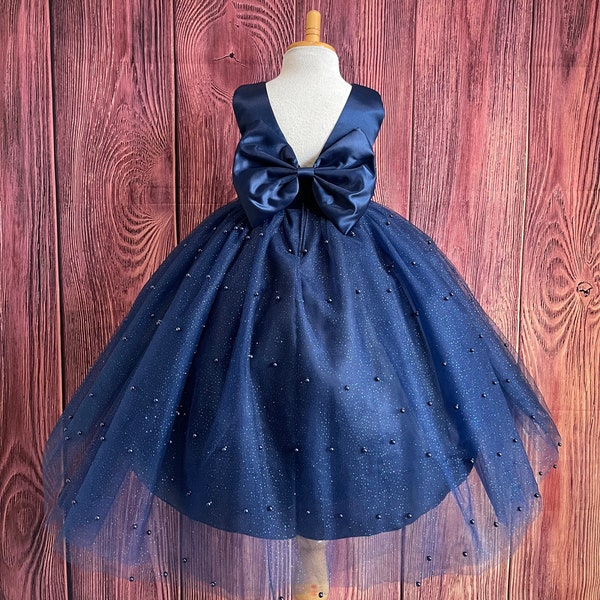 Navy Blue 4 Layer Pearl Tulle V-Back Ankle Length Wedding Flower Girl Summer Winter Fall Holiday Pageant Birthday Princess Ball Gown