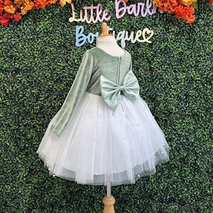セージベルベットアイボリーチュールパール膝丈ホリデークリスマス冬ウェディングフラワーガール写真撮影幼児ジュニアガール長袖ドレス