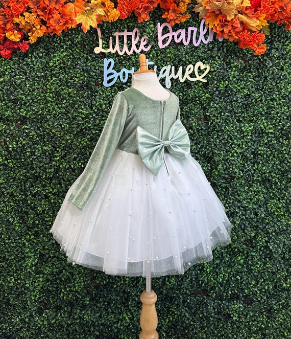 Sage Velvet Ivory Tulle Pearl Knee Length Holiday Christmas Winter Wedding Flower Girl Photoshoot Toddler Junior Girl Long Sleeve Dress