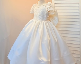 Ivory Classic Lace Satin Flower Girl V-Back Cap Sleeve Ankle Length Toddler Dress