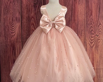 Blush Pearl Tulle V-Back Ankle Length Flower Girl Wedding Elegant Summer Birthday Ball Gown Pageant Infant Toddler Junior Girl Dress