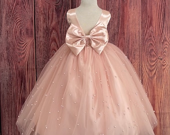 Blush Chic Pearl Tulle V-Back Ankle Length Flower Girl Wedding Elegant Summer Birthday Ball Gown Pageant Infant Toddler Junior Girl Dress