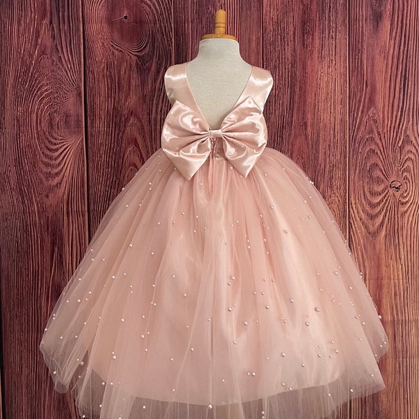 Blush Pearl Tulle V-Back Ankle Length Flower Girl Wedding Elegant Summer Birthday Ball Gown Pageant Infant Toddler Junior Girl Dress