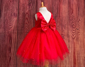 Red 4 Layers Tulle V-Back Elegant Bow Wedding Flower Girl Winter Fall Pageant Christmas Photoshoot Birthday Toddler Junior Knee Length Dress