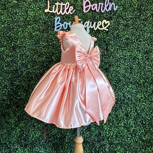Peach Flower Girl Elegant Satin V-Back Big Bow Wedding Knee Length Easter Spring Birthday Summer Infant Toddler Junior Girly Girl Dress