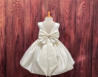 Ivory V-Back Satin Big Bow Elegant Wedding Flower Girl Knee Length Communion Baptism Birthday Summer Spring Infant Toddler Girl Dress