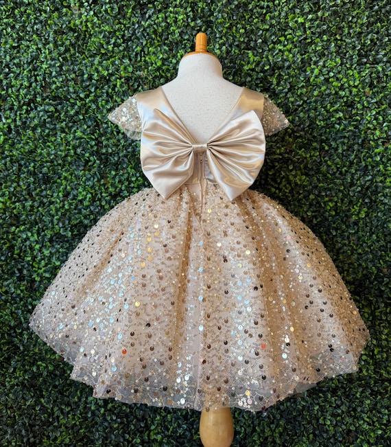 Champagne Pearl Sequin V-Back Knee Length Wedding Infant Toddler Junior Flower Girl Dress