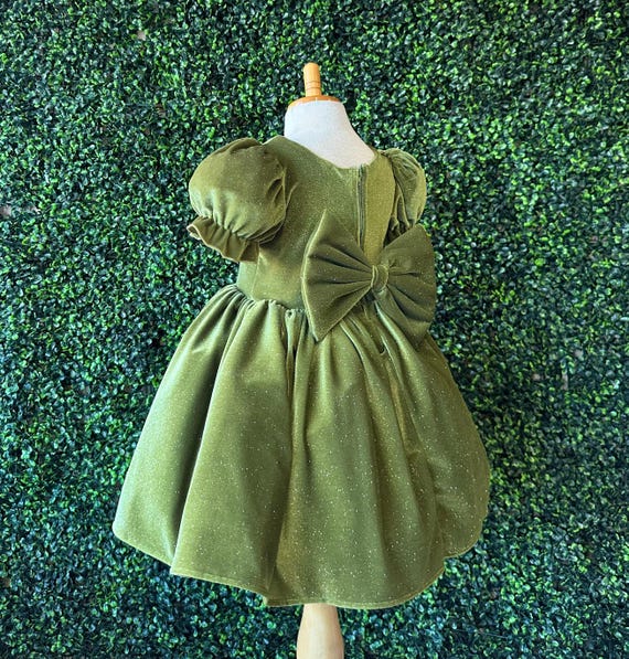 Olive Green Velvet Sparkly Puffy Sleeves Big Bow Toddler Infant Junior Winter Fall Christmas Holiday Pageant Wedding Girl Bridesmaid Dress