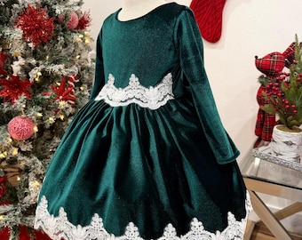 Hunter Green Velvet Christmas Holiday Infant Toddler Junior Long Sleeve Elegant Knee Length Dress