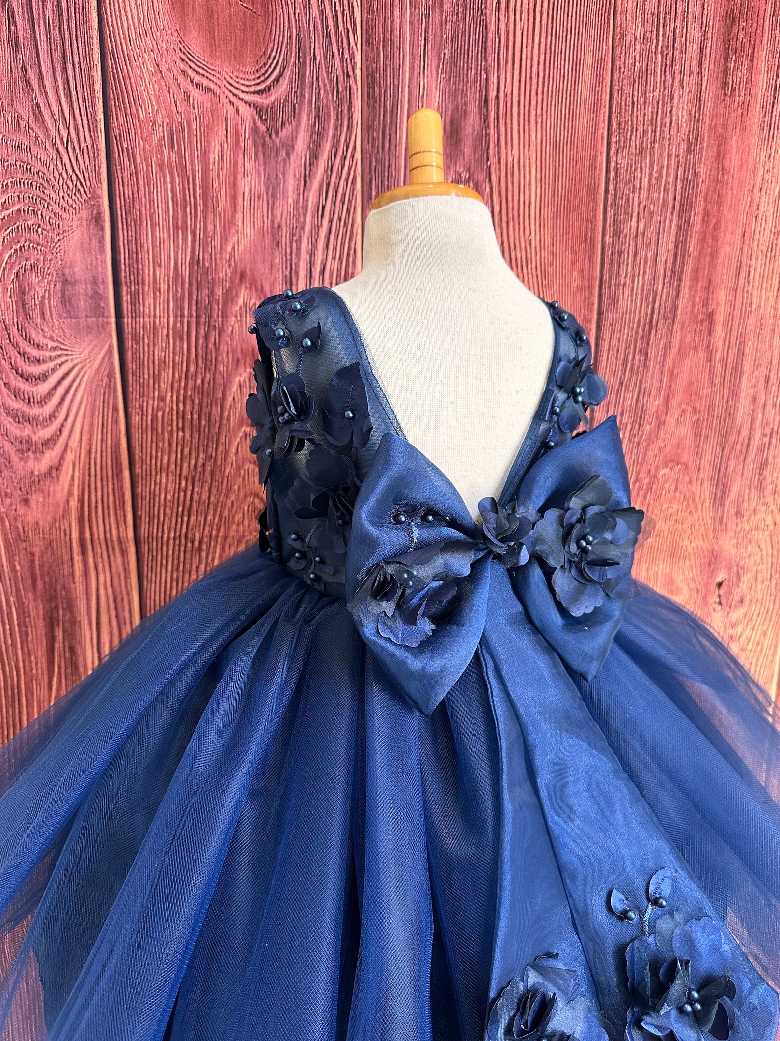 Summer Pageant Navy Blue 3D Floral V-back Knee Length 4 Layer Tulle Wedding Flower ...