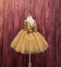 Gold Sequin Pearl Tulle Knee Length V-Back Wedding Flower Girl Summer Holiday Toddler Junior Dress