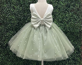 Sage Pearl V-Back Ivory Bodice Flower Girl Summer Elegant Graduation Birthday Photoshoot Smash Cake Toddler Girl Junior Pageant Dress