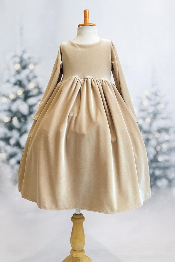 Christmas Taupe Elegant Long Sleeve Velvet V-back Fall Wedding Birthday  Girl Ankle Length Church Photoshoot Infant Toddler Girl Summer Dress - Etsy