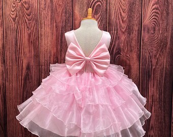 Pink Elegant Organza Knee Length Ruffle V-back Trendy