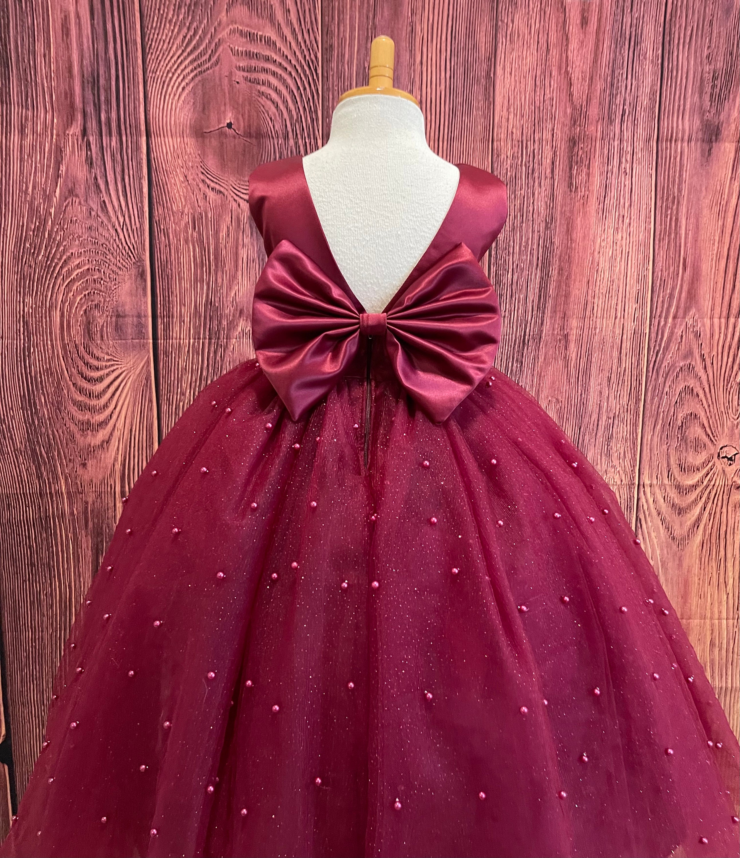 Burgundy Pearl 4 Layer Tulle V-back Ankle Length Flower Girl Wedding ...