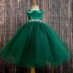 Hunter Green 4 Layer Tulle Satin Wedding Flower Girl Fall Holiday Christmas Elegant Birthday Girl Pageant Infant Toddler Girl Dress