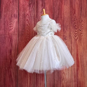 Champagne Pearl Tulle Wedding Flower Girl Summer Birthday Graduation Pageant Infant Toddler Knee Length Off The Shoulder Fall Girl Dress