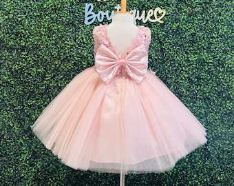 May include: A pink tulle dress with a large pink bow on the back. The dress has sequins on the bodice and is on a mannequin. The text "Little Darlin Boutique" is visible in the background.