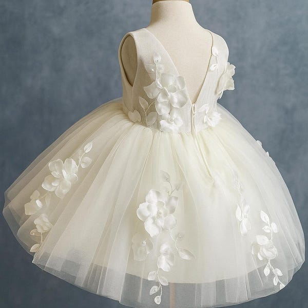 Ivory 3D Floral Embroidery Tulle V-Back Classic Flower Girl Wedding Baptism Toddler Infant Dress