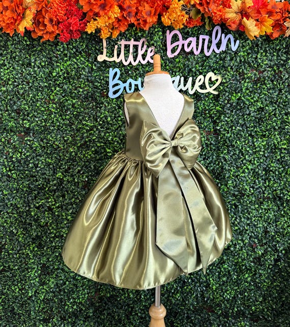 Olive Green Satin V-Back Knee Length Wedding Flower Girl Elegant Birthday Princess Trendy Fall Holiday Photoshoot Toddler Junior Girl Dress