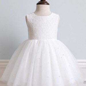 White French Lace V-Back Knee Length Pearl Tulle Sleeves Flower Girl Wedding Summer Pageant Birthday Holiday Trendy Baptism Communion Dress