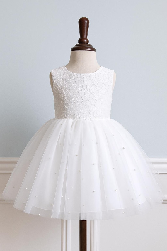 White French Lace V-Back Knee Length Pearl Tulle Sleeves Flower Girl Wedding Summer Pageant Birthday Holiday Trendy Baptism Communion Dress