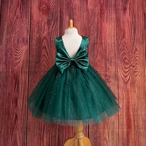 Hunter Green V-Back Elegant 4 Layers Tulle Knee Length Christmas Fall Pageant Birthday Girl Photoshoot Infant Toddler Junior Big Bow Dress