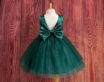 Hunter Green V-Back Elegant 4 Layers Tulle Knee Length Christmas Fall Pageant Birthday Girl Photoshoot Infant Toddler Junior Big Bow Dress