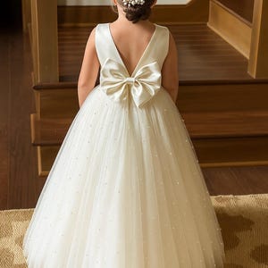 Ivory 4 Layer Pearl Tulle V-Back Ankle Length Wedding Flower Girl Trendy Summer Pageant Infant Toddler Princess Photoshoot Winter Girl Dress