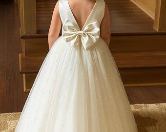 Ivory 4 Layer Pearl Tulle V-Back Ankle Length Wedding Flower Girl Trendy Summer Pageant Infant Toddler Princess Photoshoot Winter Girl Dress