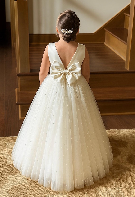Ivory Pearl Tulle V-Back Ankle Length Wedding Flower Girl Summer Infant Toddler Winter Dress