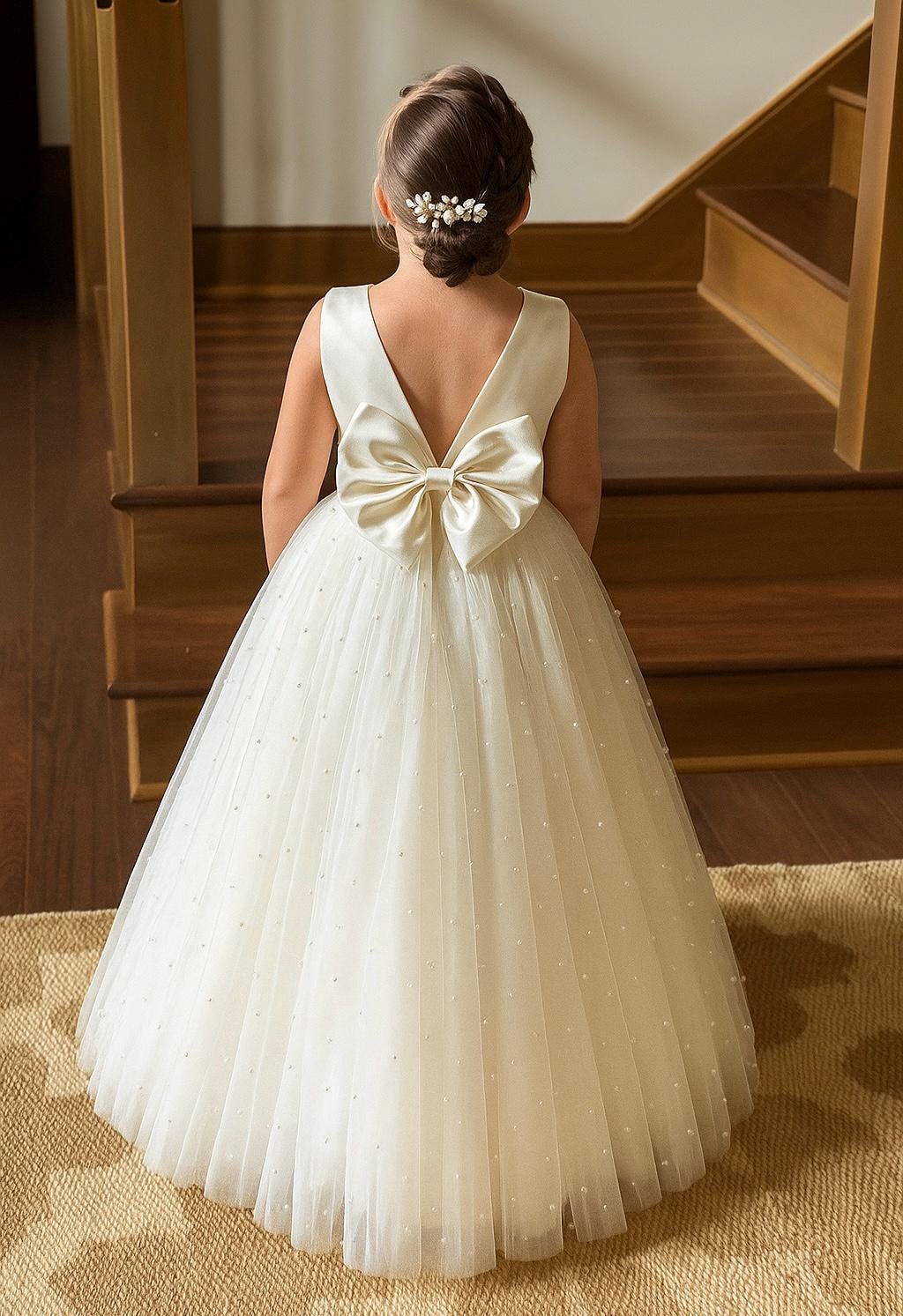 Ivory 4 Layer Pearl Tulle V-Back Ankle Length Wedding Flower Girl Trendy Summer Pageant Infant Toddler Princess Photoshoot Winter Girl Dress
