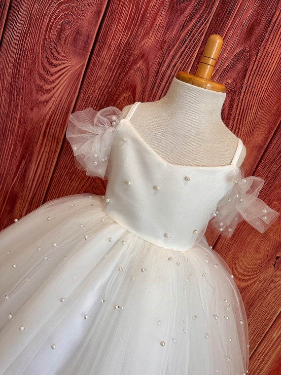 Buy Ivory Pearl Tulle Knee Length Elegant Flower Girl off the Shoulder  Summer Wedding Birthday Pageant Infant Toddler Junior Graduation Dress  Online in India - Etsy