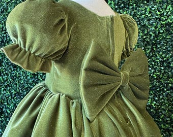 Vestido de niña de las flores de terciopelo verde oliva con mangas abullonadas brillantes y lazo para bebé, niña pequeña, invierno, otoño, Navidad, vacaciones, desfile, boda, dama de honor