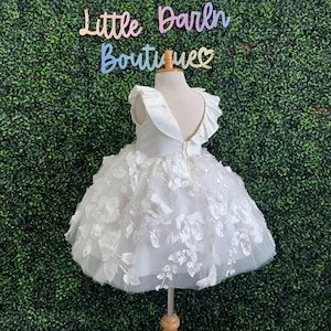 Flower Girl 3D Floral Tulle V-Back Knee Length Classic Wedding Communion Baptism Trendy Birthday Church Toddler Girl Summer Girl Dress