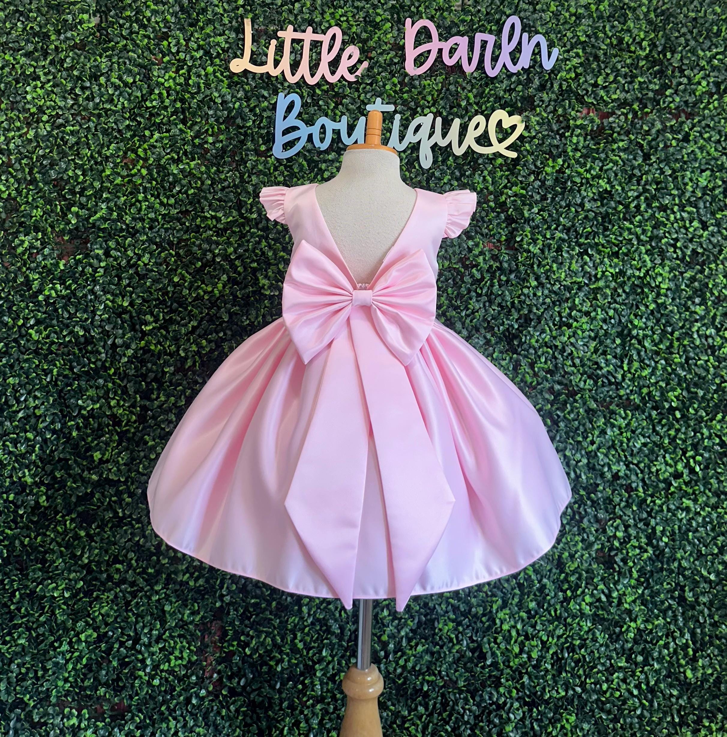 Pink Flower Girl Elegant Satin V-Back Big Bow Wedding Knee Length Easter Spring Birthday Summer Infant Toddler Junior Girly Girl Dress