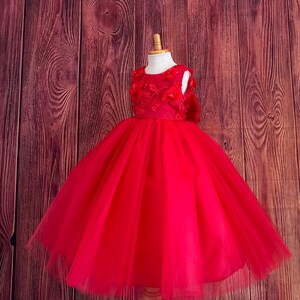 Red Floral Embroidery Sleeveless Ankle Length Tulle Layer Summer Flower Girl Wedding Birthday Princess Pageant Toddler Girl Pageant Dress image 2