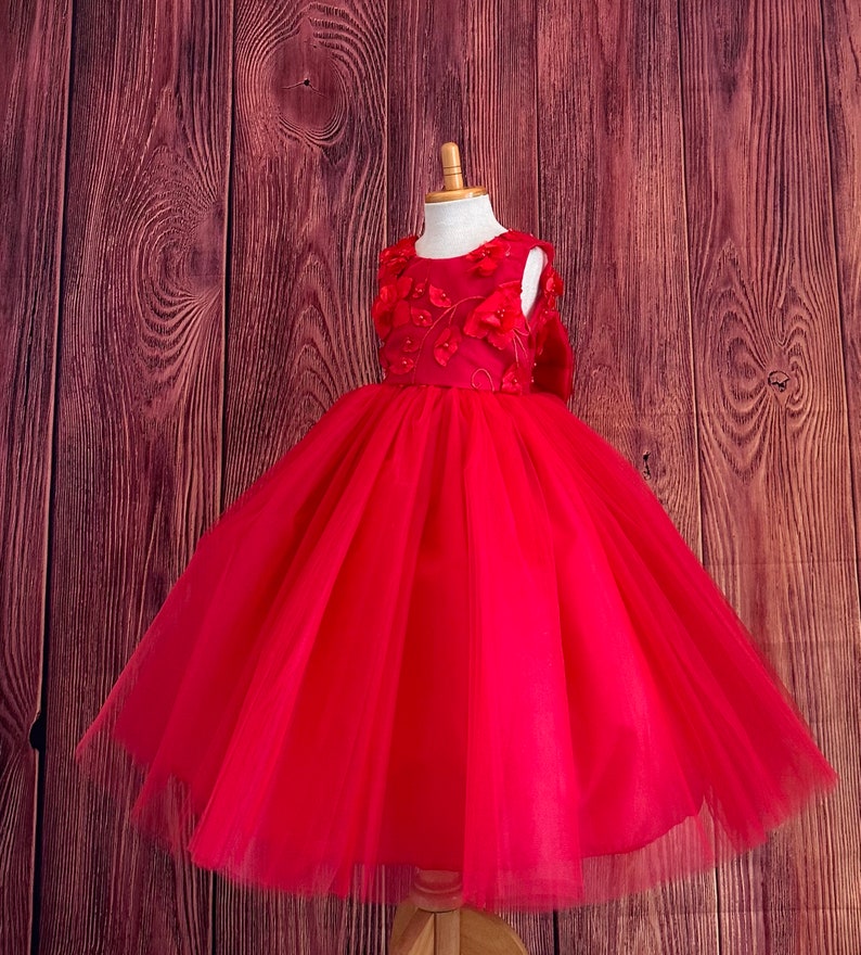 Red Floral Embroidery Sleeveless Ankle Length Tulle Layer Summer Flower Girl Wedding Birthday Princess Pageant Toddler Girl Pageant Dress image 2