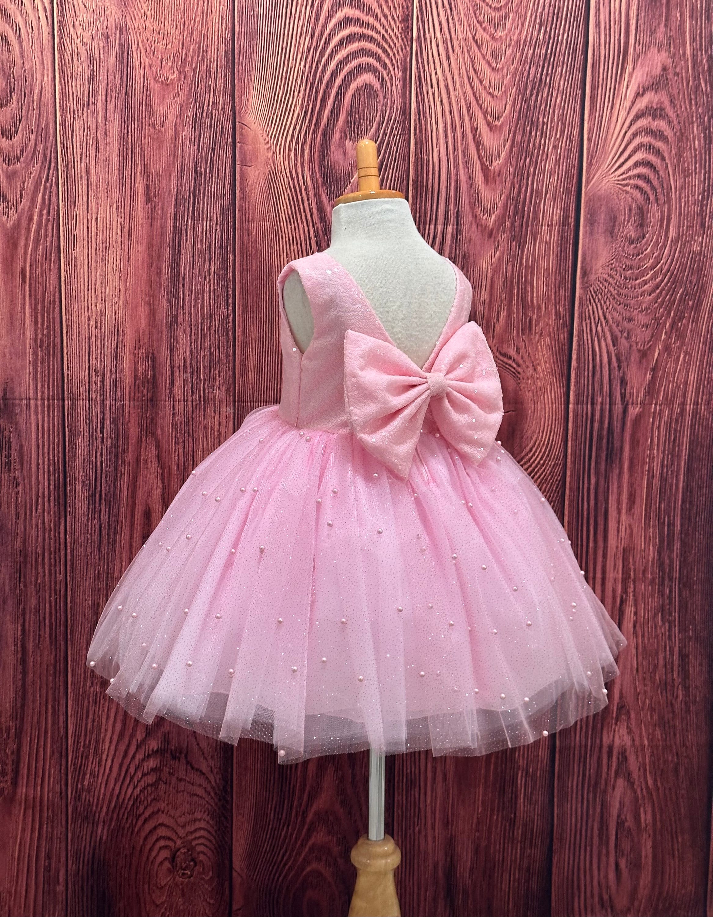 Pink Sequin V-back Big Bow Pearl Tulle Knee Length Flower Girl